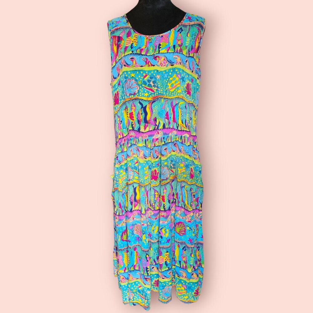 Vintage Bila 90s Colorful sea life marine fish print tropical maxi dress size L
